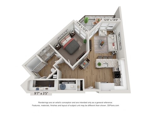 Floor plan for 1 bed, 1 bath, 667 sqft